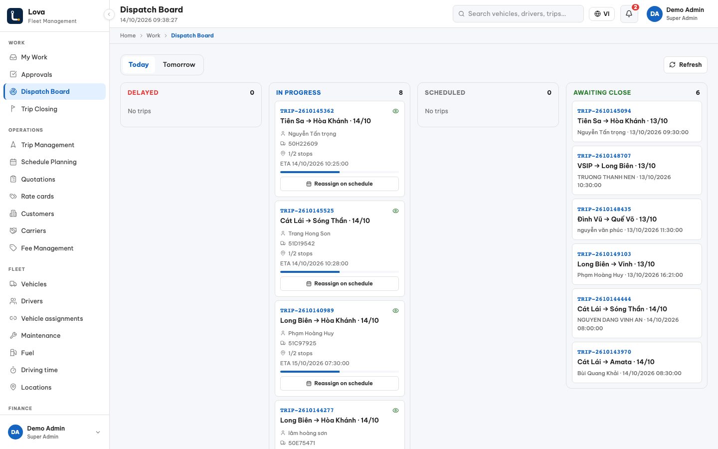 Lova dispatch board: delayed, in progress, scheduled and awaiting close