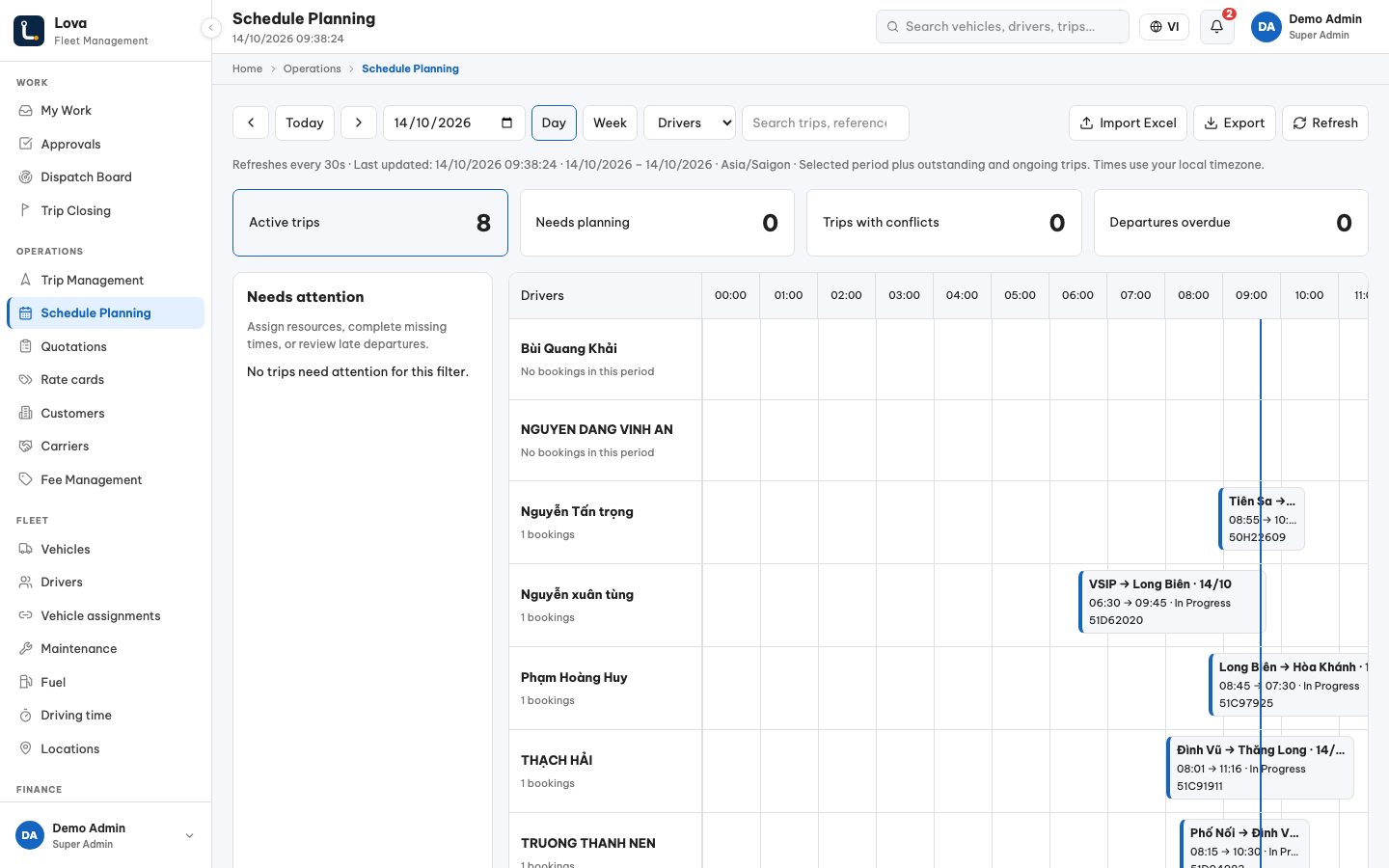 Lova schedule planning: the day's trips by driver